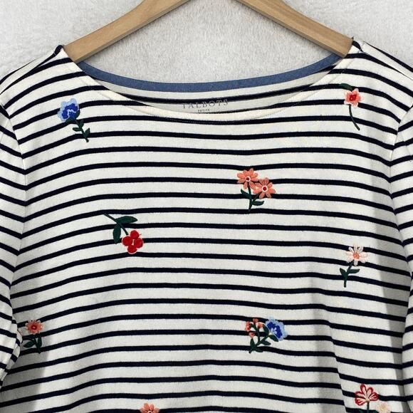 TALBOTS Top XLp Petite Floral Embroidered Striped Long Sleeve Cotton White Black - Picture 5 of 15